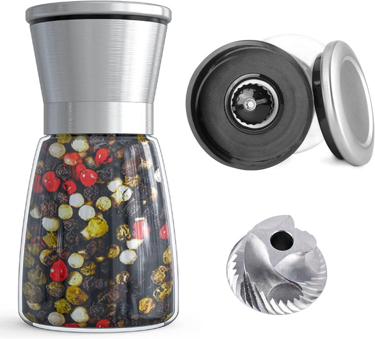 Professional Pepper Grinder - with Germany Hardened Carbon Steel Mechanism Rotor, Refillable Pepper Mill 6OZ Glass Adjust Coarseness (1PCS-Sliver-304)