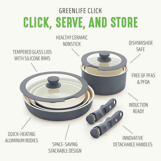 GreenLife 10 Piece Nonstick Pots & Pans Set, Detachable Handle & Stackable Cookware Set, Non Toxic PFAS-Free Skillets, Induction Kitchen Pans, Space Saving, Serving Bowls, Oven Safe, Graphite
