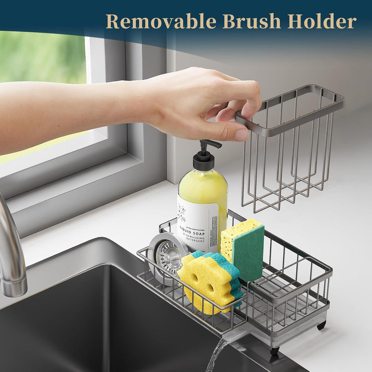 Consuemst Sponge Holder for Kitchen Sink - Auto Draining Sink Caddy Organizer with Detachable Rack, High Brush Holder, Kitchen Countertop Storage Accessories, Sand Nickel