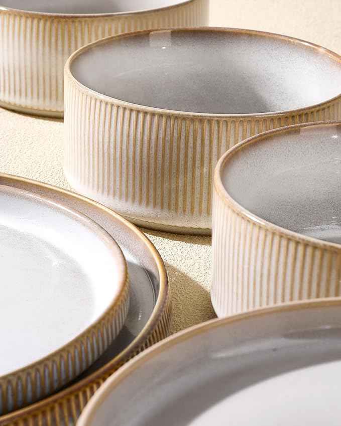 Stoneware Plates and Bowls Dishes Sets for 6 (18-Piece), Famiware Premium Handcrafted Reactive Glaze Dinnerware Set with Raised Rim, Scratch Resistant, Microwave Dishwasher Safe, Cappuccino White