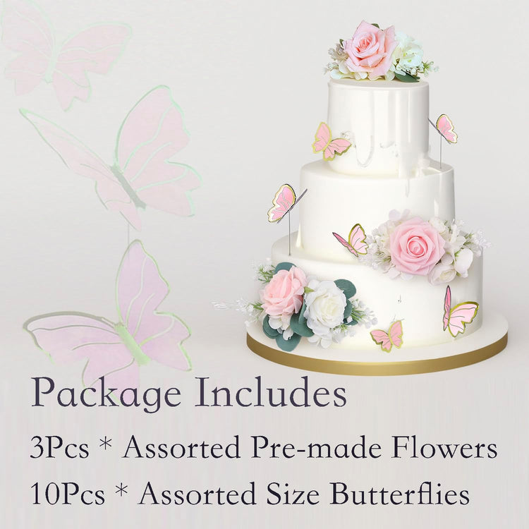 Rinlong 3Pcs Pre-made Blush Pink Cake Flowers Decorations Flower Cake Topper Butterfly Cake Decorating Flowers for Wedding Sweet 16 Birthday Girl