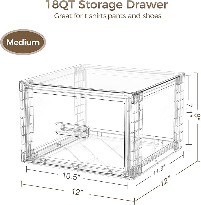 Vtopmart 6 Pack 18QT Clear Stackable Storage Drawers,Easily Assemble Closet Organizers,Plastic Storage Bins for Bathroom,Cabinet,Kitchen Pantry,Under Sink Organization(Medium)