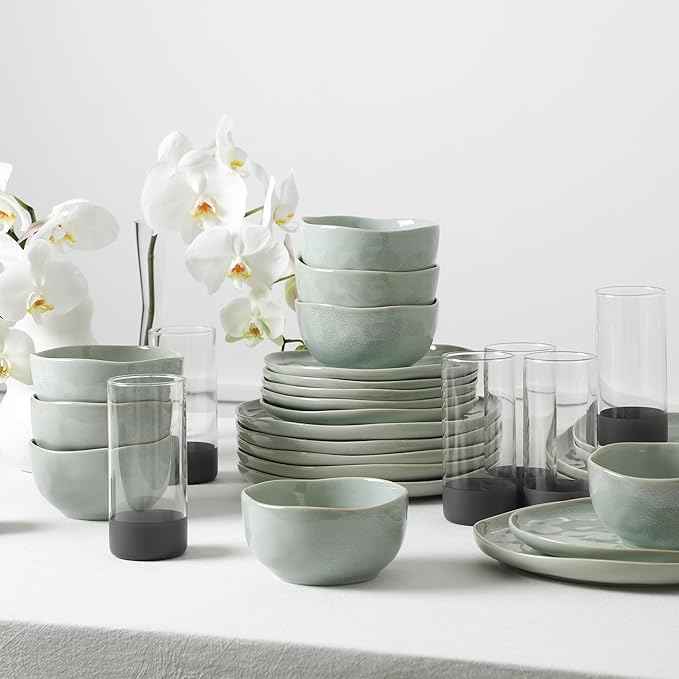 Stone Lain Mirella 32-Piece Dinnerware Set Stoneware, Borosilicate Glass, Light Green