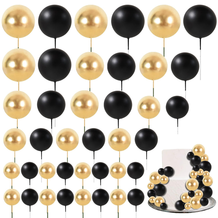 40 Pcs Ball Cake Toppers Mini Balls Cake Decorations Black Gold Foam Balls Sticks DIY Cake Topper for Congrats Grade 2026 Graduation Men Birthday New Year Retirement Party Decorations (40 Count)