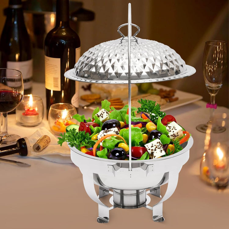 Chafing Dish Buffet Set, Stainless Steel Hanging Lid Dining Stove, Roll Top Chafing Dish Buffet Diamond-Shaped Lid and Round Stand for Buffet Restaurants and Banquets (Silver, 4.5L/4.76Qt)