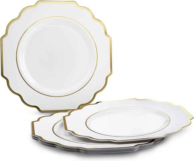" OCCASIONS " 640 Piece set (80 Guests)-Heavyweight Wedding Party Disposable Plastic Plate Set - 80 x 10.5'' + 80 x 8'' + Silverware + Cups + Napkins (Imperial White & Gold)