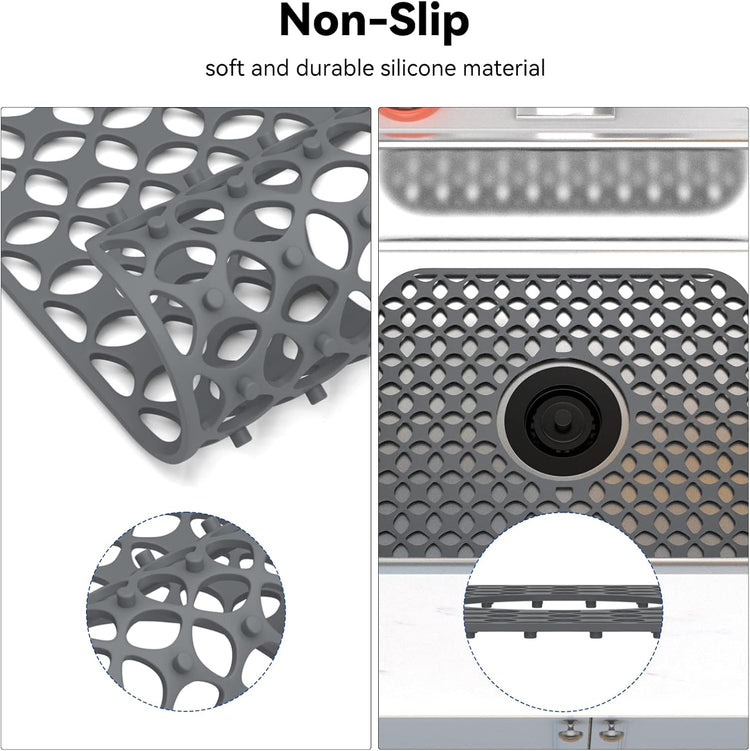 Kitchen Sink Mats, TOOVEM 2PCS Non-Slip Heat Resistant Silicone Sink Protector Mat for Bottom of Stainless Steel Porcelain Sink, Folding Farmhouse Rear Drain Sink Mats, Center Drain