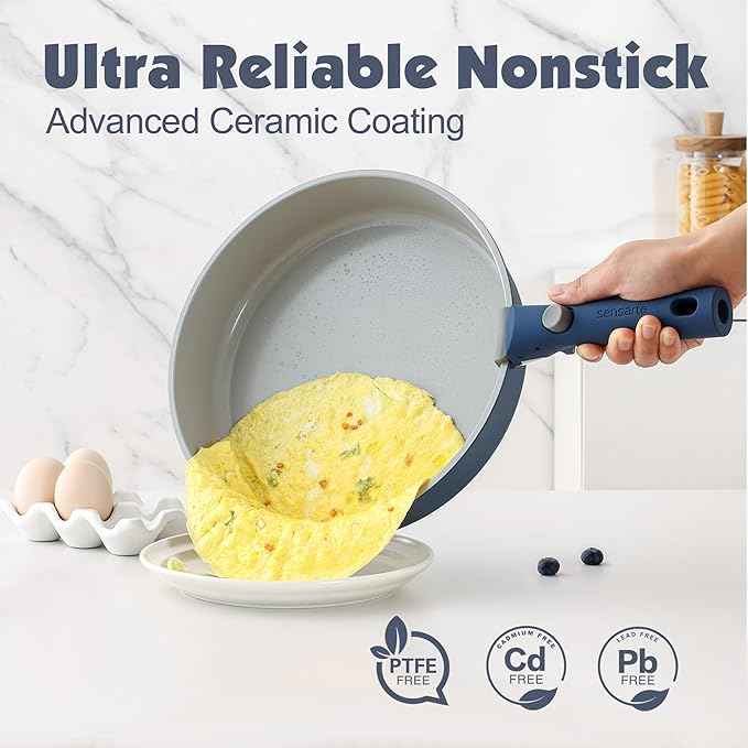 SENSARTE 24 Piece Ceramic Pots and Pans Set, Nonstick Detachable Handle Cookware, Induction Kitchen Cookware Set with Removable Handle, Healthy Non Stick for RV, Dishwasher&Oven Safe, PFOA Free (Navy)