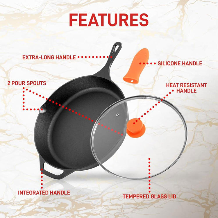 NutriChef 10 Inch Cast Iron Skillet with Lid - Pre-Seasoned Small Fry Pan with Side Drip Spout and Silicone Handle - Nestoria
