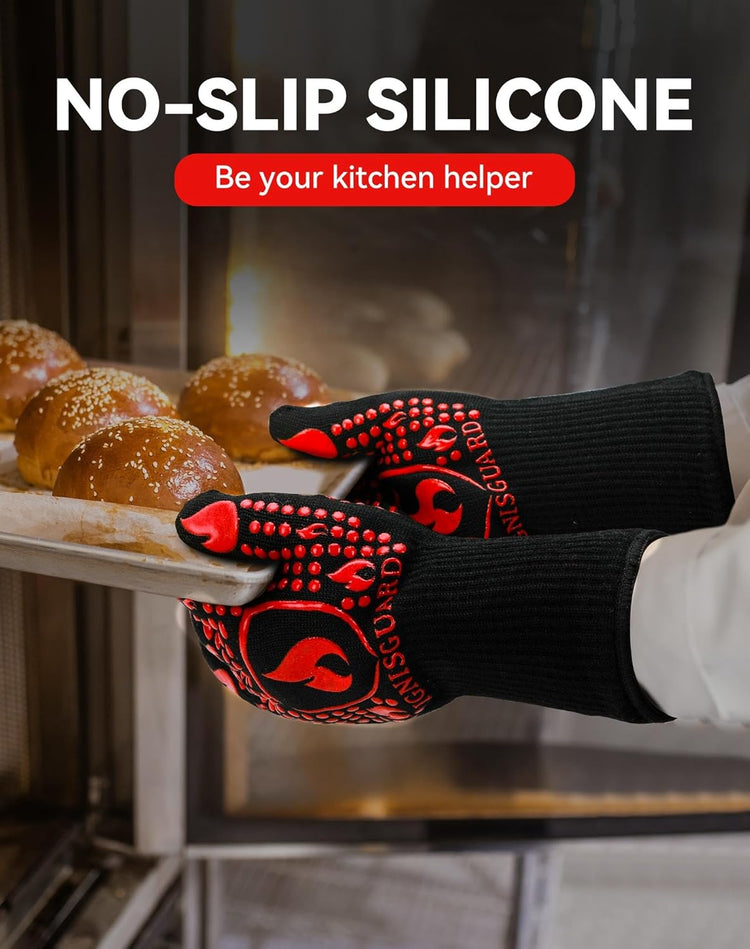 BBQ & Grill Gloves, Oven Gloves, 1472°F Silicone Oven Mitts Heat Resistant Grilling Gloves Fireproof Non-Slip for Barbecue Cooking Baking Smoking, 1-Pair Red(M)