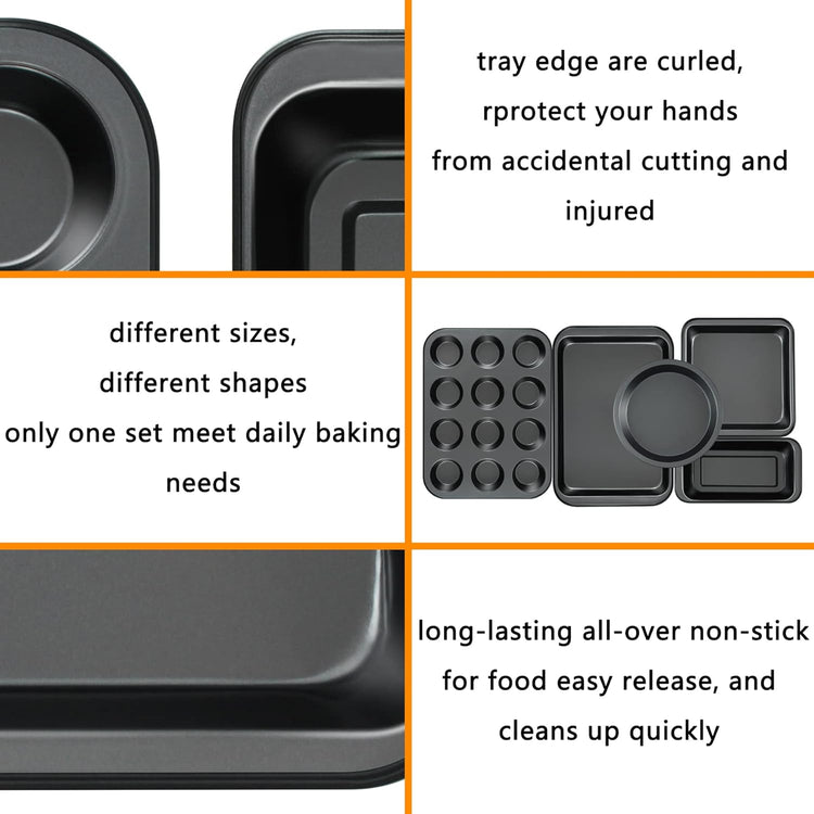 Kitchen 5-Piece Nonstick Bakeware Set - Round/Square Cake Pans, Muffin Pan, Loaf Pan, Roast Pan & Baking Sheets