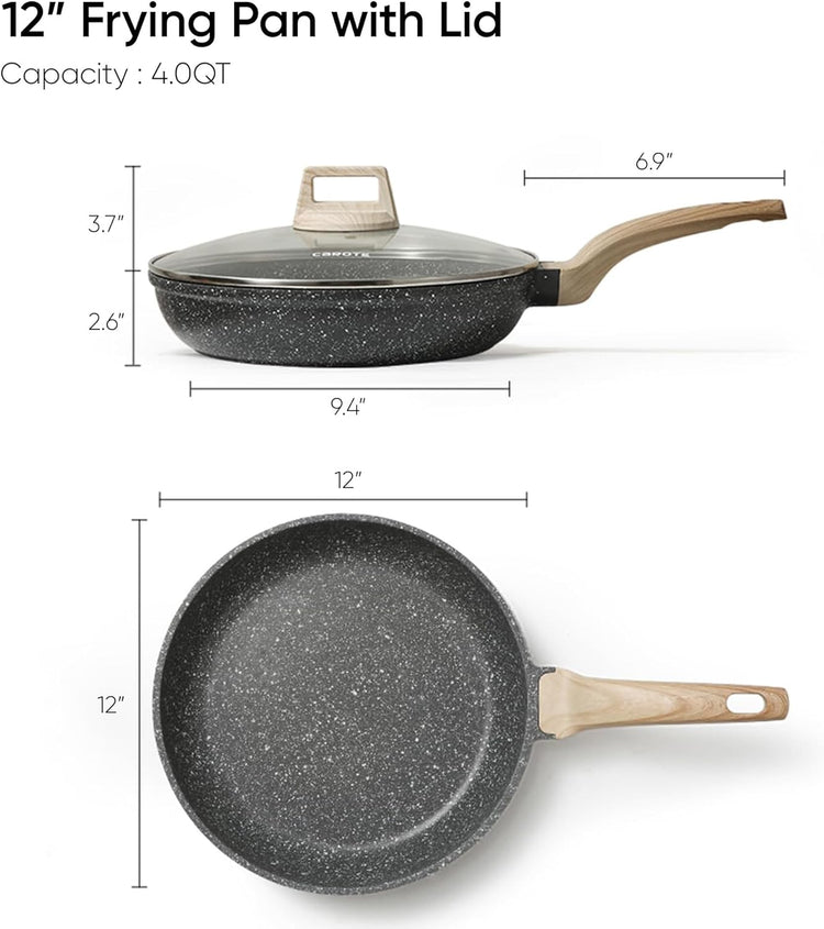 CAROTE Non Stick Frying Pan Skillet,12" Nonstick Fry Pan with Glass Lid, Egg Pan Omelet Pans, Granite Cookware Chef's Pan, PFOA Free (Classic Granite, 12-Inch)