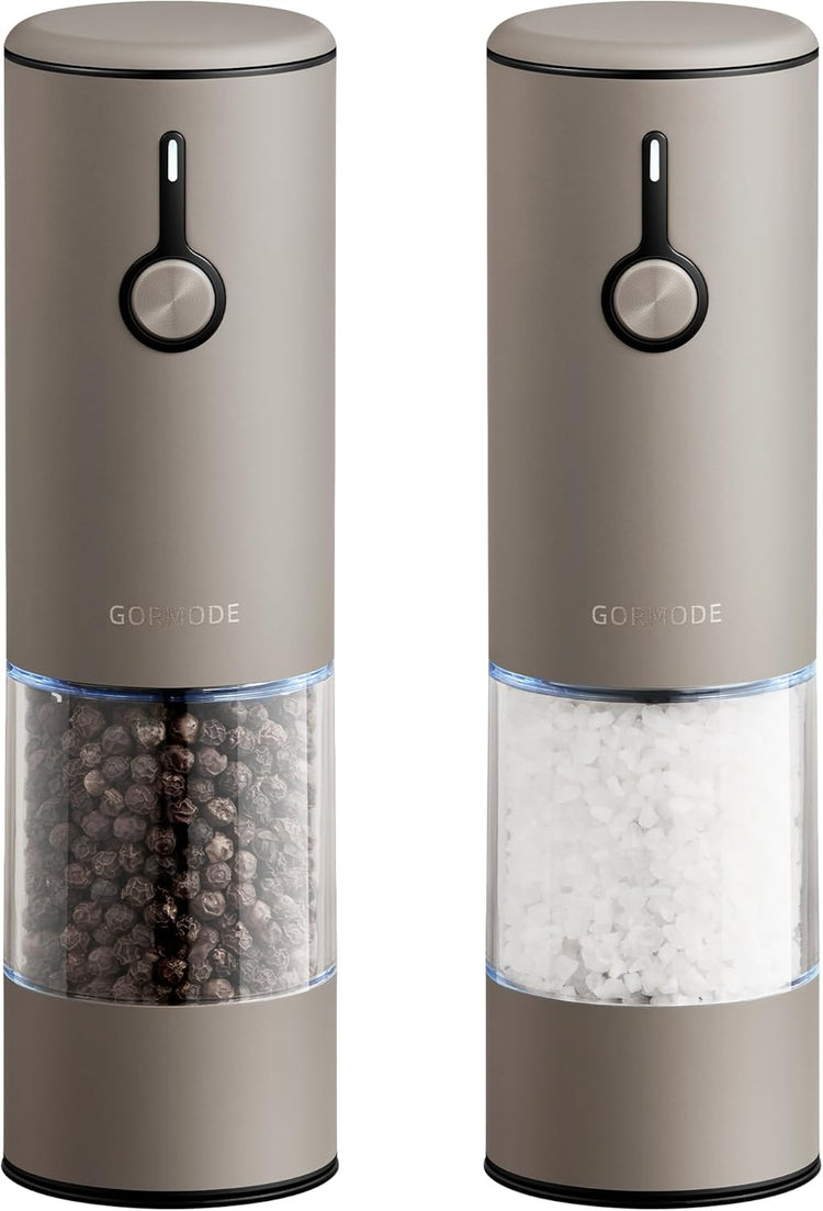 Stainless Steel Rechargeable Electric Salt and Pepper Grinder Set, USB Charging with Dust Cover, 6 Adjustable Grinding Modes + LED Light 2pack,Brown