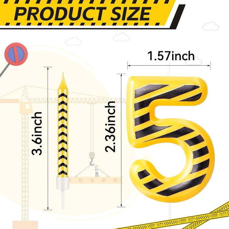 13 Pcs Construction Themed Birthday Candles Set Yellow and Black Number 5 Candle Cake Topper for Construction Party Decoration Supplies (Number 5)