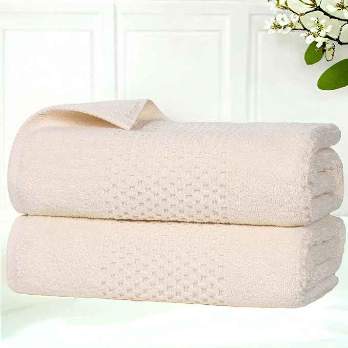 Superior Playa Zero Twist Cotton Medium Weight Towels, for Guest Bath, Bathroom, Shower, Spa, Plush, Quick Dry, Ultra-Soft Towels, Bath Essentials, Waffle Textured, Bath Towels, Set of 2, Ivory
