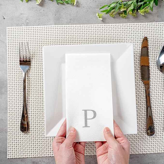 Luxenap 15.8 X 7.9 Inch Linen-Feel Guest Towels, 50 Lettered Hand Towels - Silver Letter 'P', Sans Serif Font, White Paper Dinner Napkins, airlaid, For Restrooms And Tables - Restaurantware