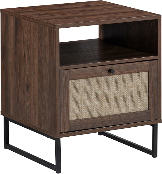 Nathan James Mina Boho Nightstand, Small Nightstand, Rattan End Table with Storage, Walnut Side Table with Rattan Accent, Walnut Brown/Black, Set of 2