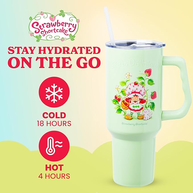Silver Buffalo Strawberry Shortcake and Custard “Life is Delicious!” Double Walled Stainless Steel Tumbler with Handle, Fits in Standard Cup Holder, 40 Ounces