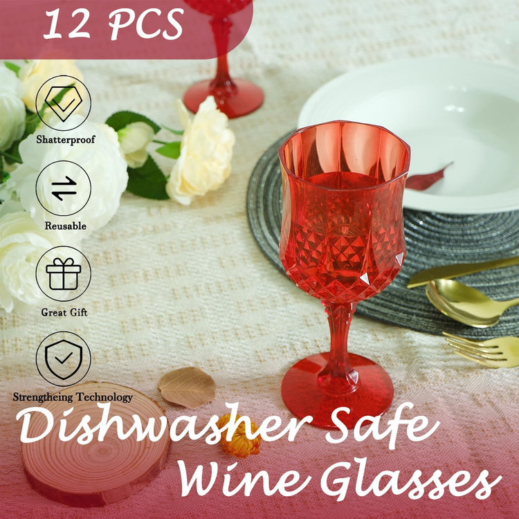 Plastic Wine Glasses,Plastic Goblets Vintage Style Cordial Drinking Glasses for Wedding Reception, Grand Event Party Supplies (12, Red)