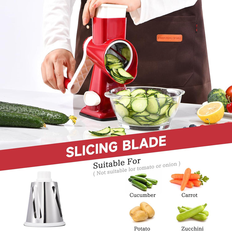 Rotary Cheese Grater Hand Crank Cheese Shredder Vegetable Mandoline Slicer for Kitchen 3 in 1 Changeable Blades for Cheese Potato Nuts Chocolate Ice (RedWhite)