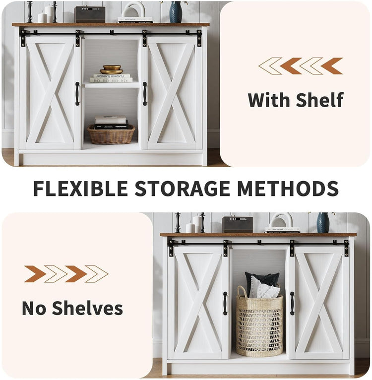4 EVER WINNER Coffee Bar Cabinet with Sliding Barn Doors, 42”Farmhouse Buffet Cabinet with Storage for Kitchen, Coffee Bar with Adjustable Shelf for Dining Room, White