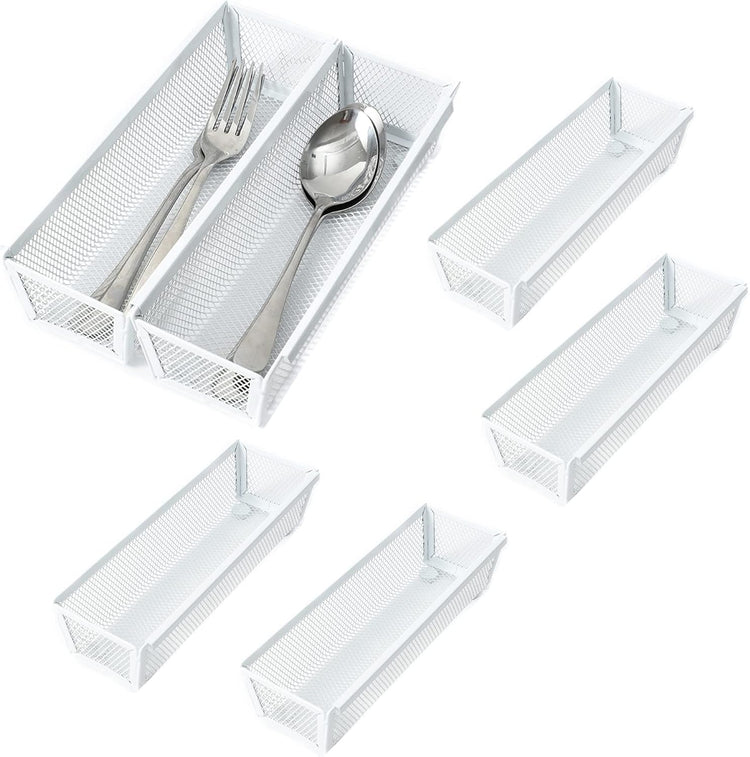 Mesh Tray Kitchen Drawer Utensil Cutlery Tray Office Supplies with Inter-locking Arm Drawer Dividers Organizer for Silverware, Flatware, Home,Office, School,Bedroom(9"X3"6pack) White