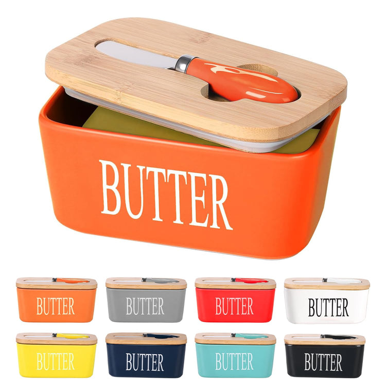 Ceramic Butter Dish with Bamboo Lid and Stainless Steel Knife Spreader
