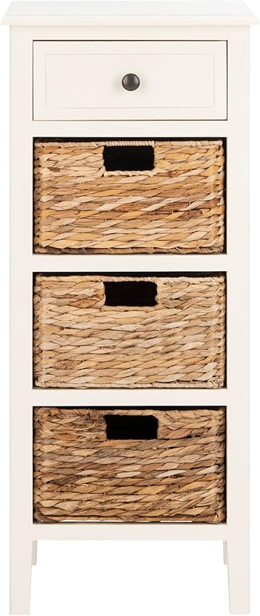SAFAVIEH Home Collection – Michaela Vintage White Storage Unit with Woven Basket Drawers, British Colonial Farmhouse Accent Storage, Fully Assembled (AMH5744B)
