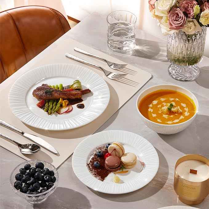 KINGSTONE 12-Piece Bone China Dinnerware Set with 20-Piece flatware, White Lightweight Porcelain Service for 4, for Family Dining, Restaurants, Gifting,Microwave and Dishwasher Safe