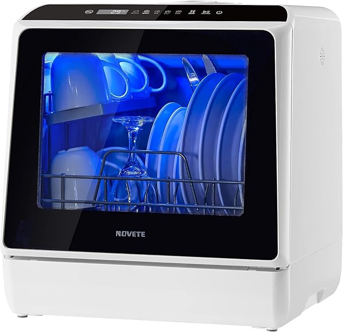 NOVETE Portable Countertop Dishwashers, Compact Dishwashers with 5L Built-in Water Tank & Inlet Hose, 5 Washing Programs, Baby Care, Air-Dry Function and LED Light for Small Apartments