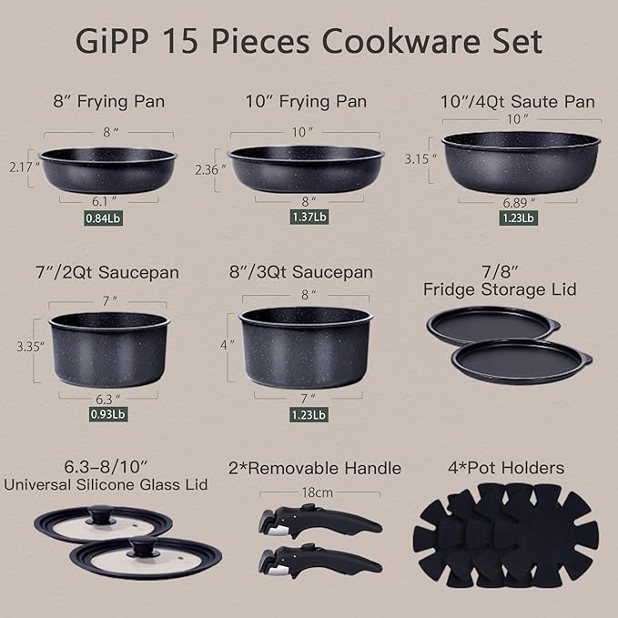 GiPP Ceramic Pots and Pans Set Non Stick, Nonstick Detachable Handle Cookware Sets, Healthy Non Toxic PFAS PFOA & PTFE Free, Dishwasher &Oven Safe, Induction Kitchen Pot and Pan, 15 Piece Grey