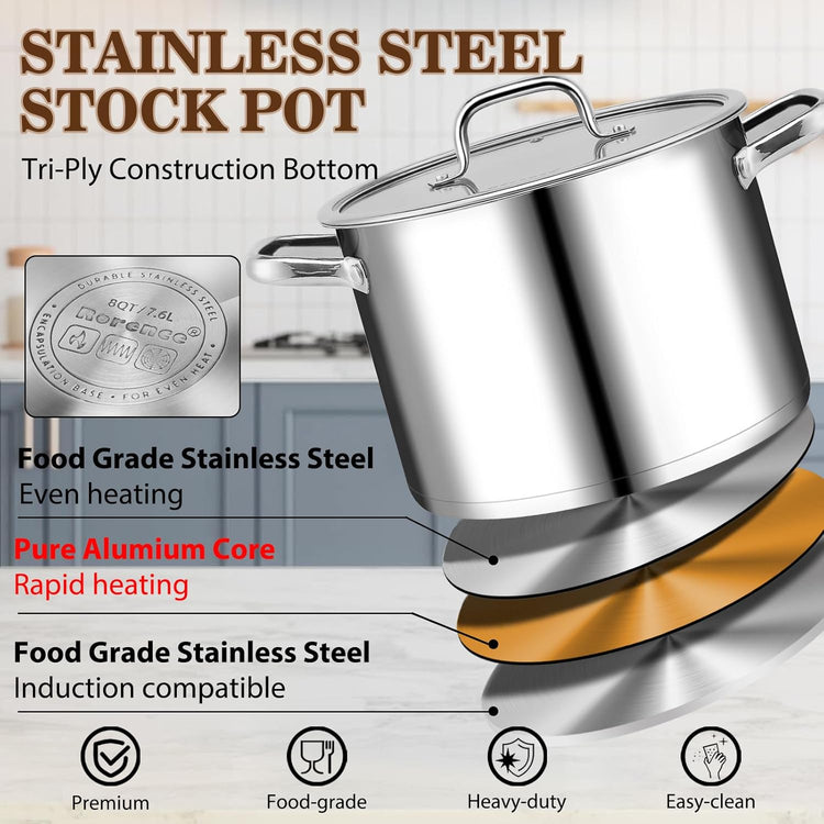 Rorence 8 Quart Stainless Steel Stockpot,Tri-Ply Base Large Pot for Cooking with Lid for Soup, Pasta, Vegetable, Induction Cooking Pot for All Stoves, Oven & Dishwasher Safe