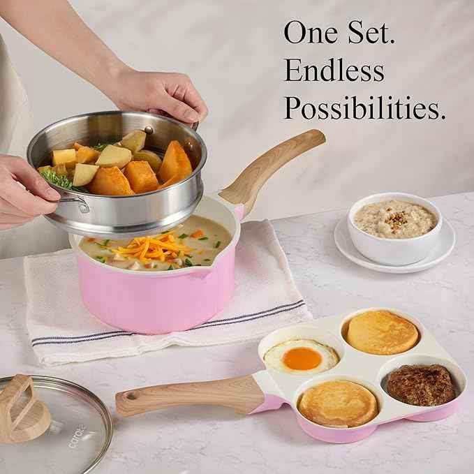 CAROTE 21 PCS Ceramic Cookware Set, Pots and Pans Set Non Stick, Pot and Pan Set with Frying pan, Induction Ready Cooking Set for Kitchen, PFOS/PFOA/PFAS Free, Pink
