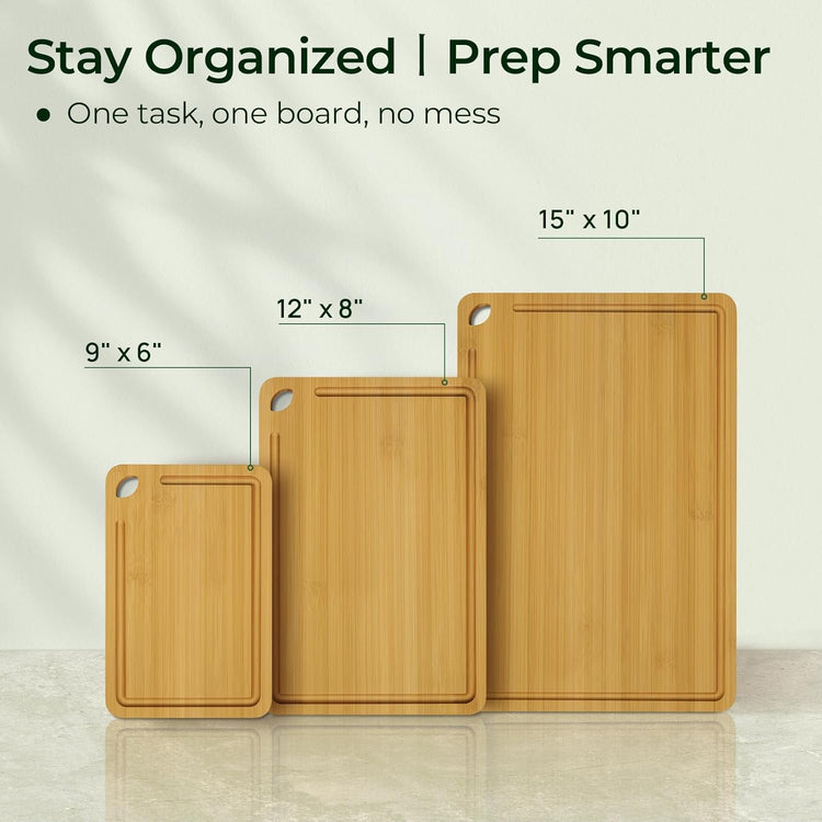 Wood Cutting Board for Kitchen - Reversible Bamboo Cutting Boards Gift Set of 3 with Juice Groove, Wooden Chopping Board for Meat, Fruit, Vegetables & Cheese (Pre Oiled, Natural)
