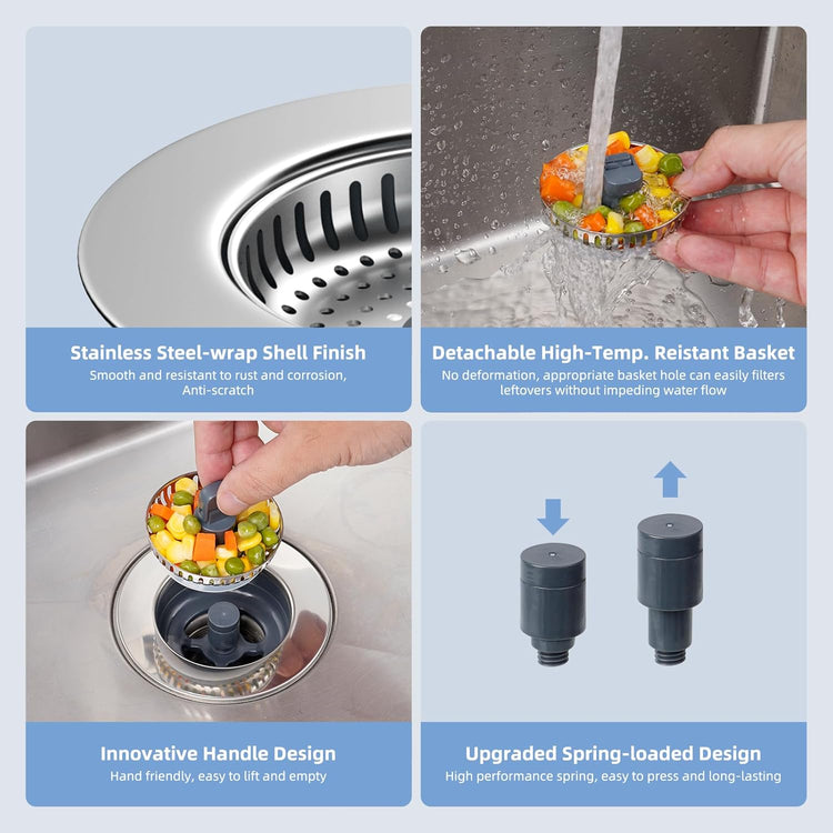Hibbent 2 Pack Universal 3 in 1 Kitchen Sink Drain Strainer with Sink Stopper, Stainless Steel Wrapped Shell, SUS304 Anti-Clogging Basket Strainer, Fit for US Standard 3-1/2" Drain, Stainless Steel