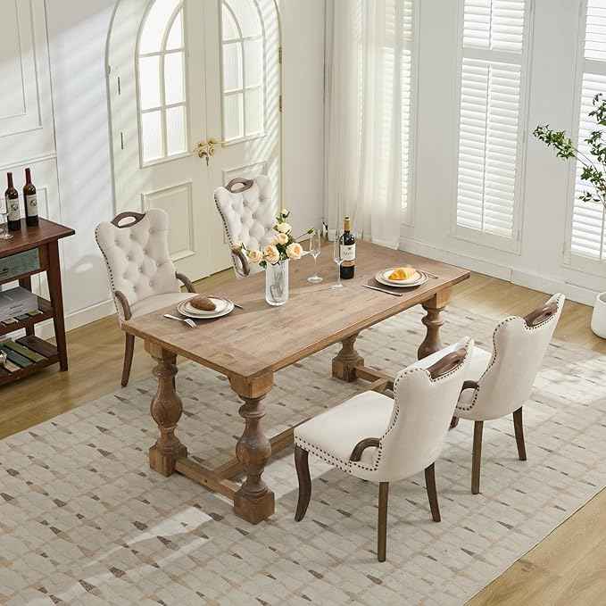 Beige Velvet Dining Chairs Set of 6,Modern Upholstered Dining Room Chairs with Tufted Back and Wood Accents, Curved Solid Wood Legs & Nailhead Trim, Sillas De Comedor Modernas 6