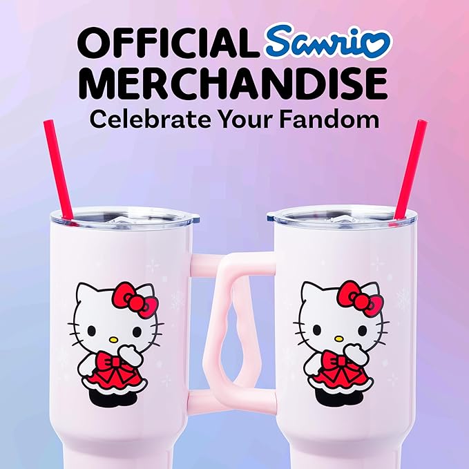 Silver Buffalo Sanrio Hello Kitty Christmas Holiday Dress and Matching Bow Snowflakes Double Walled Stainless Steel Tumbler with Handle and Straw, Fits in Standard Cup Holder, 40 Ounces
