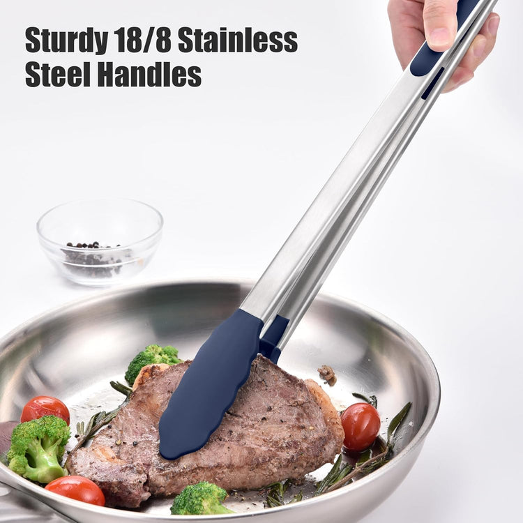 Doosu Kitchen Tong for Cooking: 600°F Heat-Resistant Silicone Food Tong, Stainless Steel Locking Tongs for BBQ (16in, Blue)