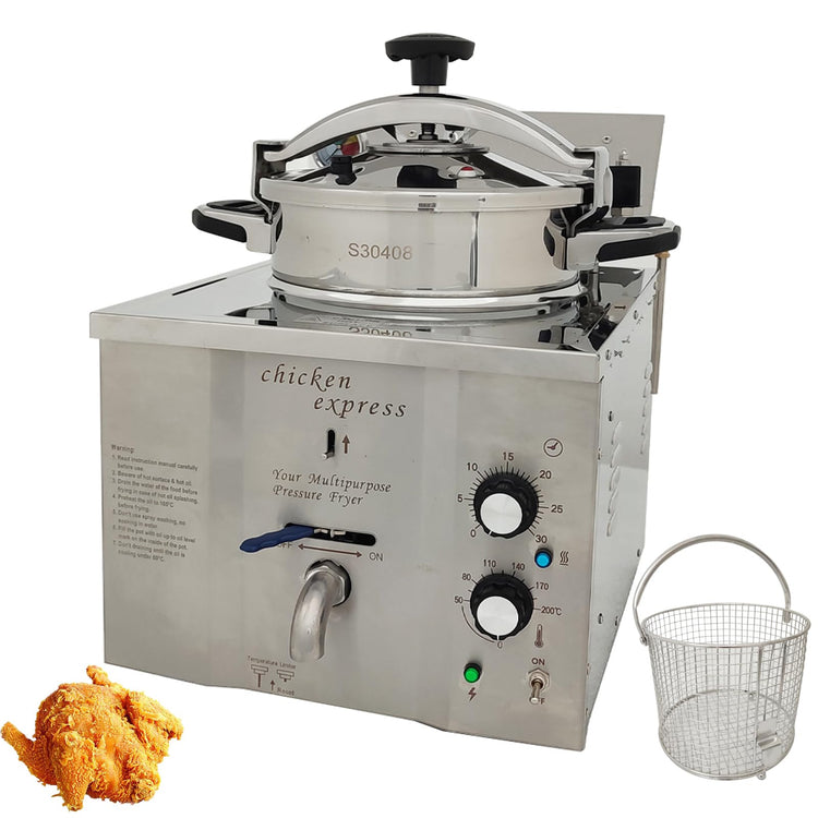 16L Commercial High Pressure Fried Chicken Stove Chicken Deep Fryer Electric Countertop Pressure Fryer with a Fitted Timer 110V 2.4KW