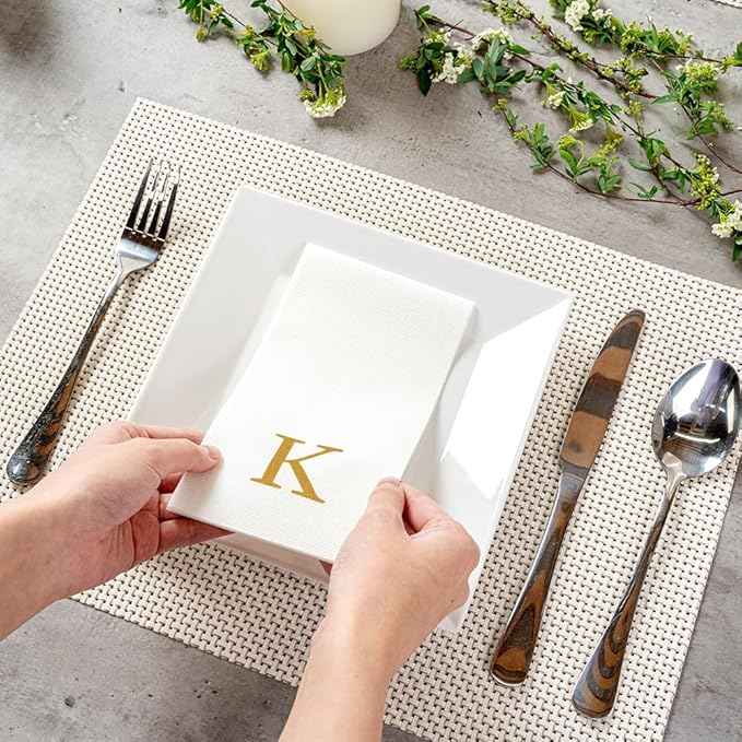 Luxenap 15.8 X 7.9 Inch Linen-Feel Guest Towels, 50 Lettered Hand Towels - Gold Letter 'K', Sans Serif Font, White Paper Dinner Napkins, airlaid, For Restrooms And Tables