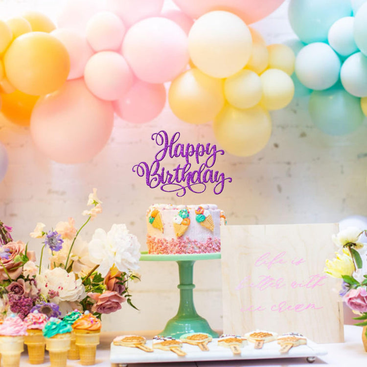 1 PCS Happy Birthday Cake Topper Glitter Happy Birthday Cake Pick for Celebrating Happy Birthday Anniversary Party Cake Decorations Supplies Purple