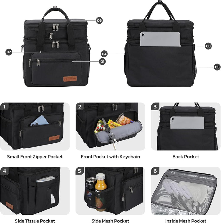 Maelstrom Lunch Box, 23L Insulated Lunch Bag, Expandable Double Deck Cooler Bag, Lightweight Leakproof Tote Bag With Side Tissue Pocket, Suit For Men and Women, Black