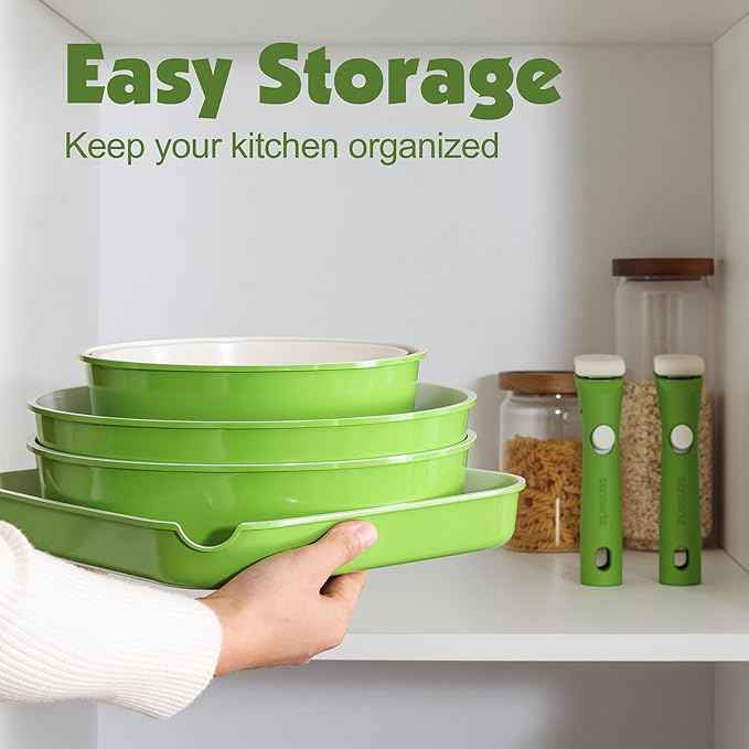 SENSARTE 17 Piece Ceramic Pots and Pans Set, Nonstick Detachable Handle Cookware, Induction Kitchen Cookware Set with Removable Handle, Dishwasher & Oven Safe (Green)