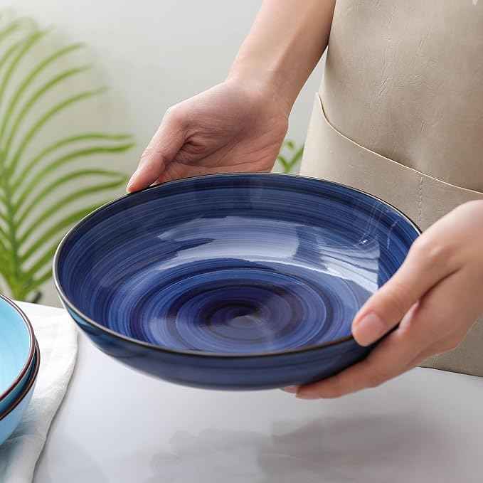 Selamica Ceramic 16-Pieces Dinnerware Set, Ceramic Dishes Set for 4, Kitchen Plates and Bowls Sets, Dinner Plates Set, Spray Black Dots, Gradient Blue