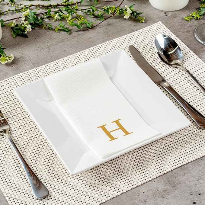 Luxenap 15.8 X 7.9 Inch Linen-Feel Guest Towels, 2000 Lettered Hand Towels - Gold Letter 'H', Sans Serif Font, White Paper Dinner Napkins, airlaid, For Restrooms And Tables - Restaurantware