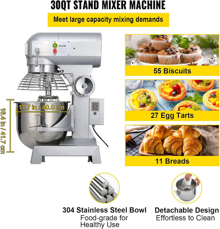 Happybuy 30Qt Commercial Food Mixer with Timing Function, Commercial Mixer 1250W Stainless Steel Bowl Heavy Duty Electric Food Mixer Commercial with 3 Speeds Adjustable, Perfect for Bakery Pizzeria