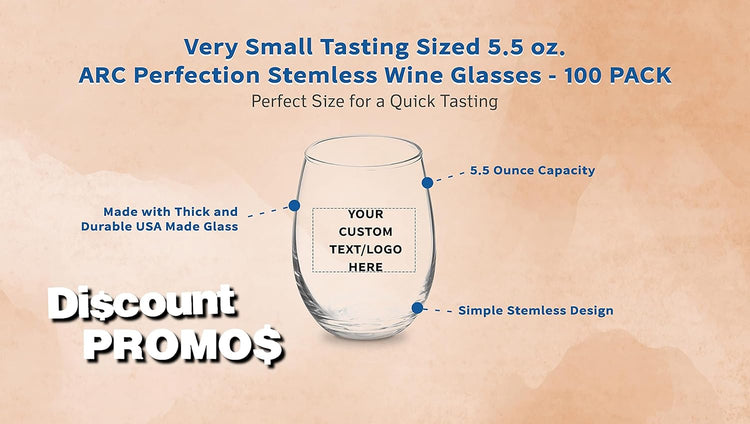 Custom Stemless Wine Glasses by ARC 5.5 oz. Set of 100, Personalized Bulk Pack - Perfect for Hotel, Bar, Restaurant or Lounge - Clear