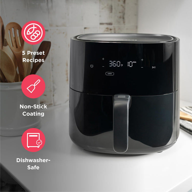 3-in-1 Air Fryer, Large 5.3 QT Capacity, Digital Display, 3 Cooking Modes, 5 Recipe Presets, Automatic Shake Reminder, PFAS-Free Cooking Surfaces, Black