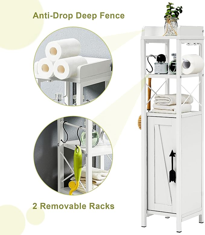 VECELO Small Bathroom Cabinet,Slim Toilet Paper Holder with Door & 2 Shelves,Narrow Storage Organizers Fenced Top Waterproof Coating for Restroom Bathroom in Tiny Space,White