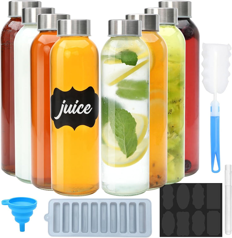 Brajttt Glass Juice Bottle with Lids,16oz Juicing Bottles Reusable, Clear Glass Water Bottles 16 oz with Stainless Steel Airtight Cap,Juice Beverage Container, Leak Proof,Set of 8